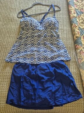 Always For Me Blue and White Geo Print Tankini Skirt Set